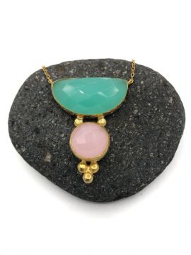 Brass Pink and Aqua Chalcedony Stone Necklace