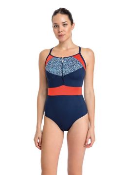 navy blue zippered patterned thin strap swimwear
