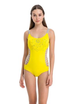 Two yellow rope halter front patterned swimsuit