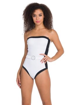 arched white strapless swimwear