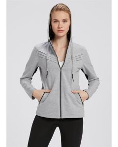 GRAY MELANGE HOODED ZIPPERED WOMEN SWEATSHIRT