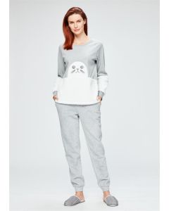 GRAY MELANGE SLEEVE DETAILED WOMEN'S PAJAMA SET