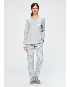 GRAY MELANGE BUTTONED PATTERNED WOMEN'S PAJAMAS SET