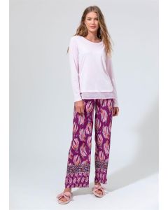 PINK LEAF PATTERNED WOMEN'S PAJAMAS SET