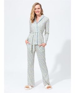 ECRU YELLOW BELTED PATTERNED SHIRT MODAL WOMEN'S PAJAMAS SET