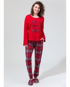 RED PLAID PRINTED ZERO COLLAR WOMEN'S PAJAMAS SET