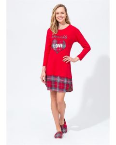 RED PLAID ZERO COLLAR PRINTED WOMEN NIGHTGOWN