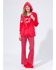 RED HOODED ZIPPERED POLAR WOMEN DRESSING GOWN