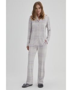 BEIGE WOMEN'S JACQUARD INTERLOCK SHIRT LONG SLEEVE PAJAMAS SET