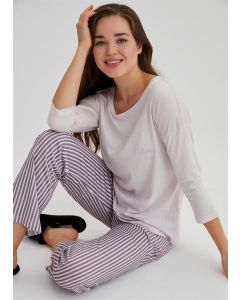 WOMEN'S COTTON O-COLLAR LONG SLEEVE PAJAMAS SET