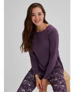 PURPLE WOMEN'S COTTON O-COLLAR FLOWER PATTERNED LONG SLEEVE PAJAMA SET