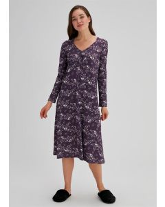 PURPLE WOMEN'S COTTON V-NECK FLOWER PATTERNED NIGHTGOWN