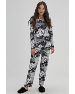 BLACK WOMEN'S MODAL PATCH PRINTED SHIRT LONG SLEEVE PAJAMAS SET