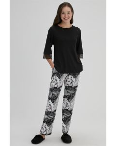 BLACK WOMEN'S MODAL O-COLLAR PAJAMA SET