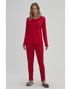 RED WOMEN'S MODAL V-NECK FOX PATTERNED PAJAMA SET