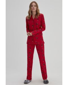 RED WOMEN'S MODAL SHIRT FOX PATTERNED PAJAMAS SET