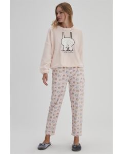 PINK WOMEN'S O-COLLAR RABBIT PRINTED POLAR PAJAMAS SET