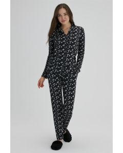 BLACK WOMEN'S COTTON FLORAL SHIRT PAJAMAS SET