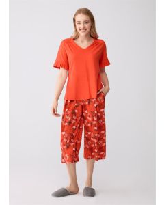 six red v-neck modal fabric patterned short-sleeved women's capris team