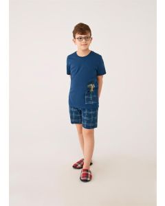 NAVY BLUE O-COLLAR COTTON KIDS SHORT SLEEVE SHORTS SET