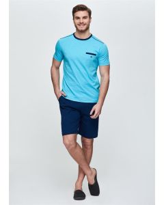 TURQUOISE ZERO COLLAR SAX MODAL MEN'S SHORTS SET