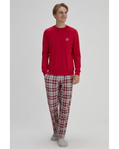 RED MEN'S COTTON O-COLLAR LONG SLEEVE PAJAMA SET