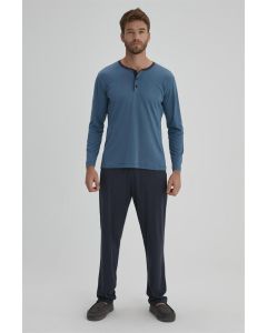 BLUE MEN'S COTTON O-COLLAR LONG SLEEVE PAJAMA SET