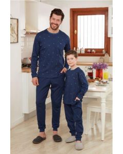 NAVY BLUE CHILDREN O COLLAR LONG SLEEVE PAJAMAS SET