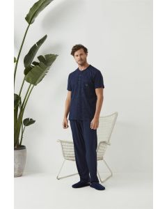 NAVY BLUE COLLAR BUTTONED MEN'S PAJAMA SHORTS SET