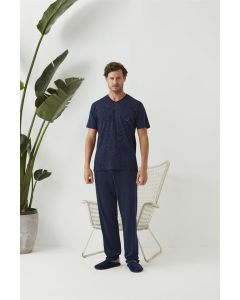 NAVY BLUE V-NECK POCKET DETAILED COTTON BOTTOM MEN'S PAJAMAS SET