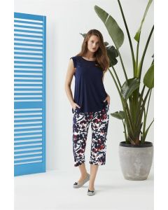  NAVY BLUE ZERO COLLAR MODAL FLOWER PATTERNED WOMEN'S CAPRI SET