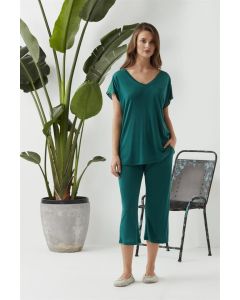 GREEN V NECK MODAL TRUVA SLEEVE WOMEN'S CAPRI SET