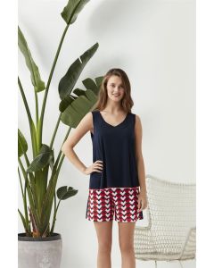 MARINE WIDE V-NECK MODAL GEOMETRIC PATTERNED WOMEN'S SHORTS SET