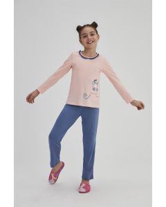 SALMON GIRLS COTTON MONKEY PRINTED O-COLLAR PAJAMAS SET