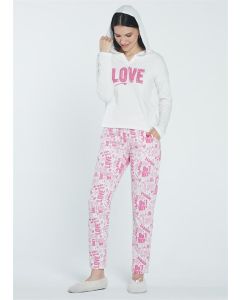 ECRU-FUCHYA COTTON LOVE PRINTED HOODED LONG SLEEVE PAJAMAS SET