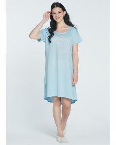 BLUE COTTON O-COLLAR SHORT SLEEVE NIGHTGOWN