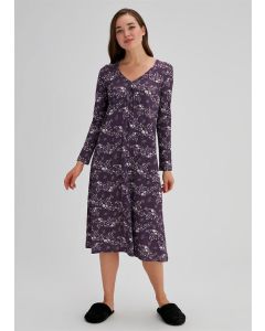 ثياب النوم الأرجواني للنساء من قطن بياقة على شكل V بتطريز الزهرة