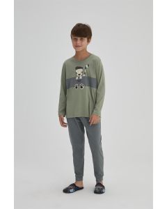green tiger printed cotton long sleeve boy's pajama sets