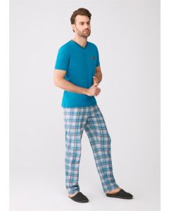 six turquoise v-neck cotton plaid short-sleeved pajama sets men 3'lü