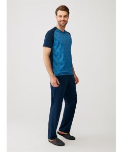 blue v-neck men's short-sleeved pajama sets jacquard