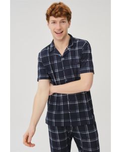 male blue plaid cotton shirt pajama sets