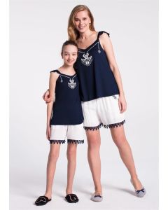 NAVY BLUE PUSCULAR HANDLE IMPRESSED HANGING SHORTS FOR GIRLS