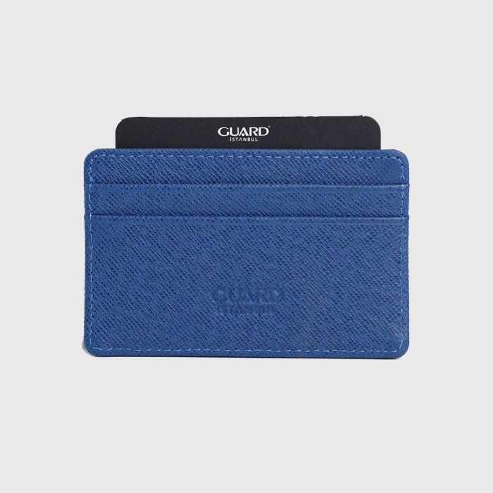 Derideposu Genuine Leather Leather Guard Blue Mini card wallet
