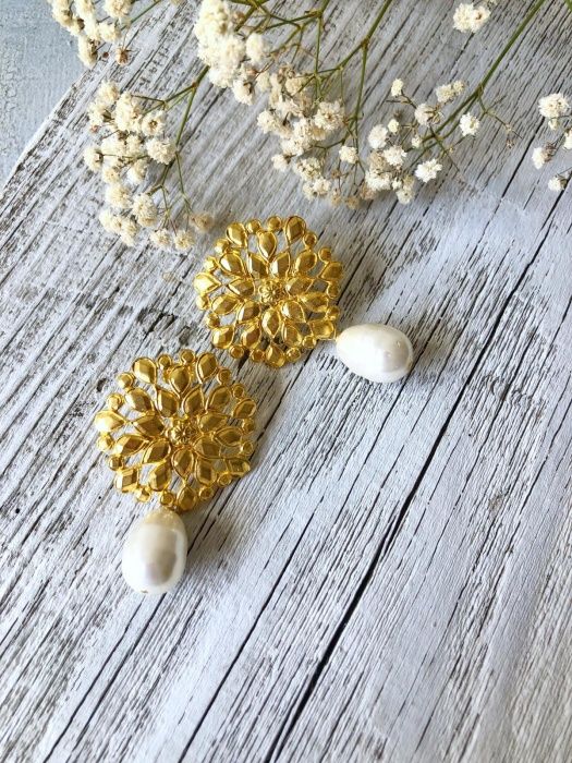 Brass Flower Motif and Pearl Earrings