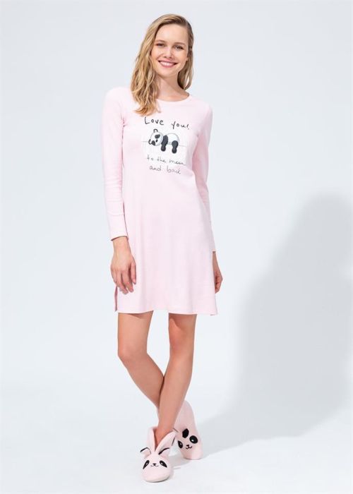 POWDER COMBED PRINTED LONG SLEEVE WOMEN'S NIGHTGOWN