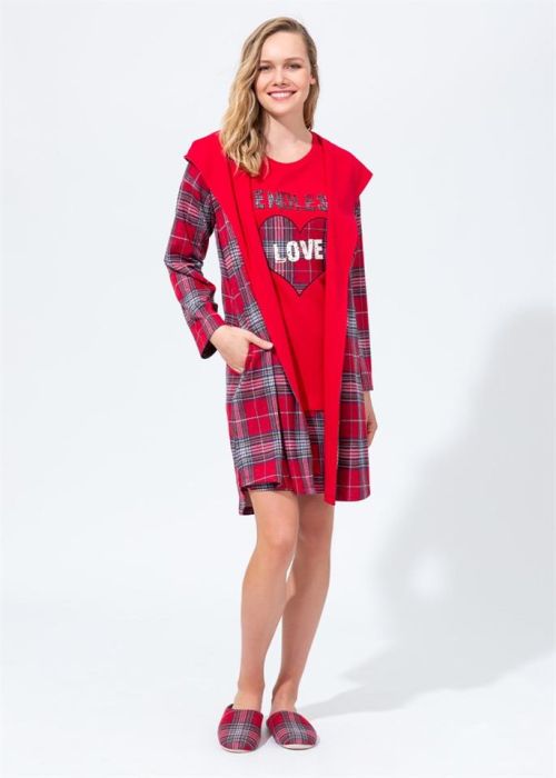 WOMEN RED PRINTED JACQUARD HOOD DRESSING GOWN