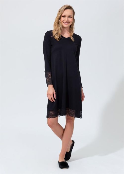 BLACK V-NECK LACE DETAILED WOMEN NIGHTGOWN