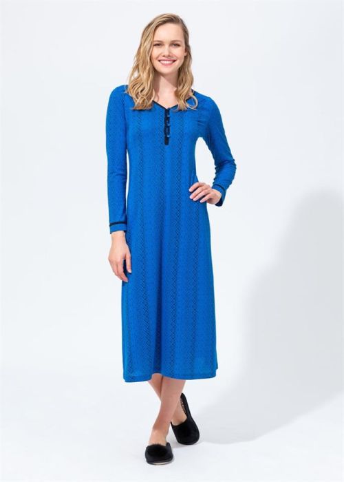 SAX V-NECK BUTTON LONG SLEEVE WOMEN NIGHTGOWN