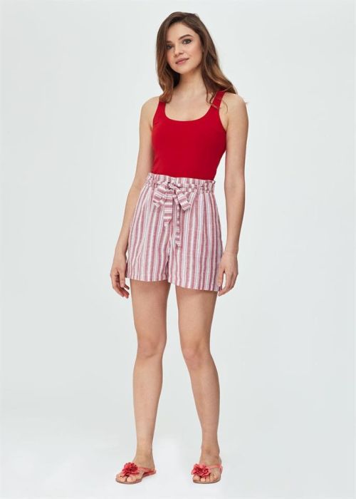 RED WOVEN STRIPED STRIPED WOMEN'S SHORTS
