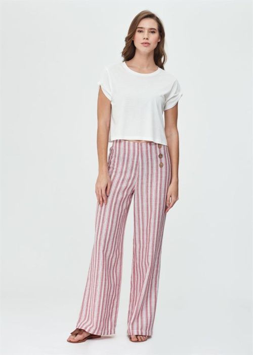 WOMEN'S TROUSERS WITH RED STRIPED WOVEN BUTTON DETAIL